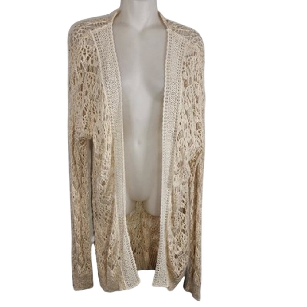 Maurices Womens Cream Open Crochet Duster Cardigan Lace Trim Boho Festive XL